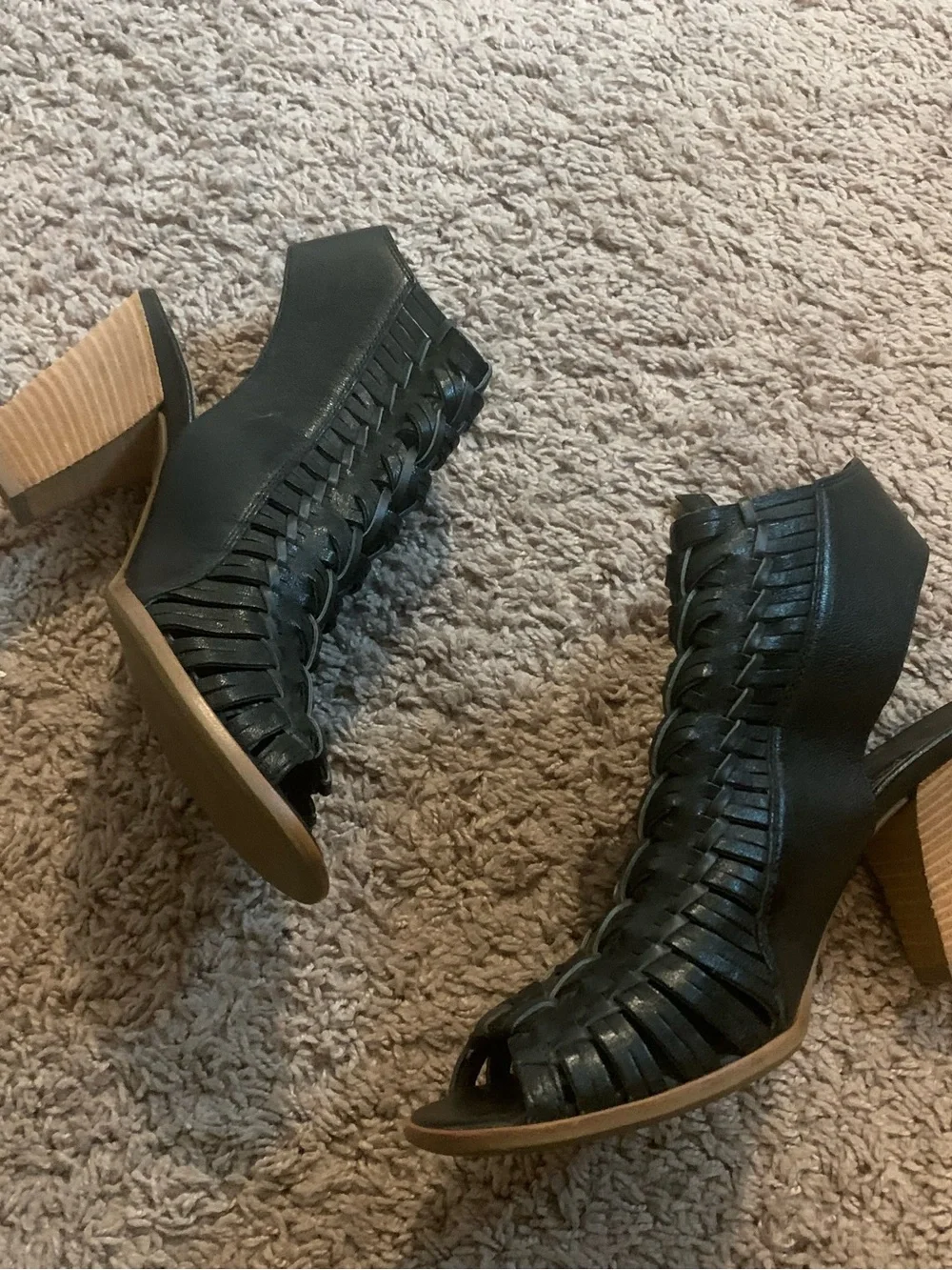 Paul Green Miranda Peep Toe Woven Ankle Boots Bootie Leather Black